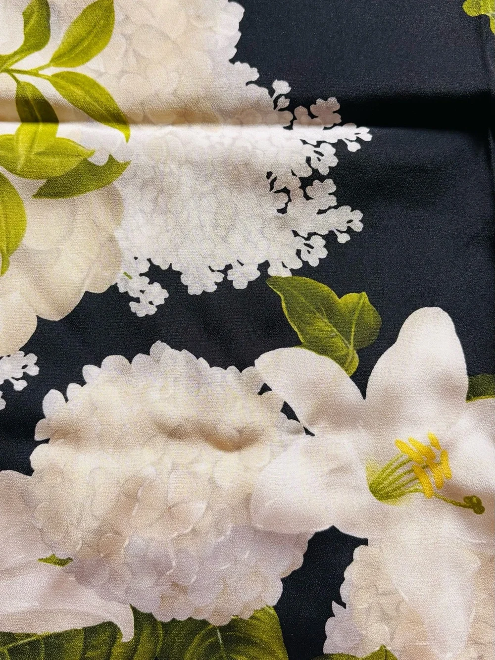 CHANEL Black 100% Silk Scarf with White Floral Motif 38” x 38”